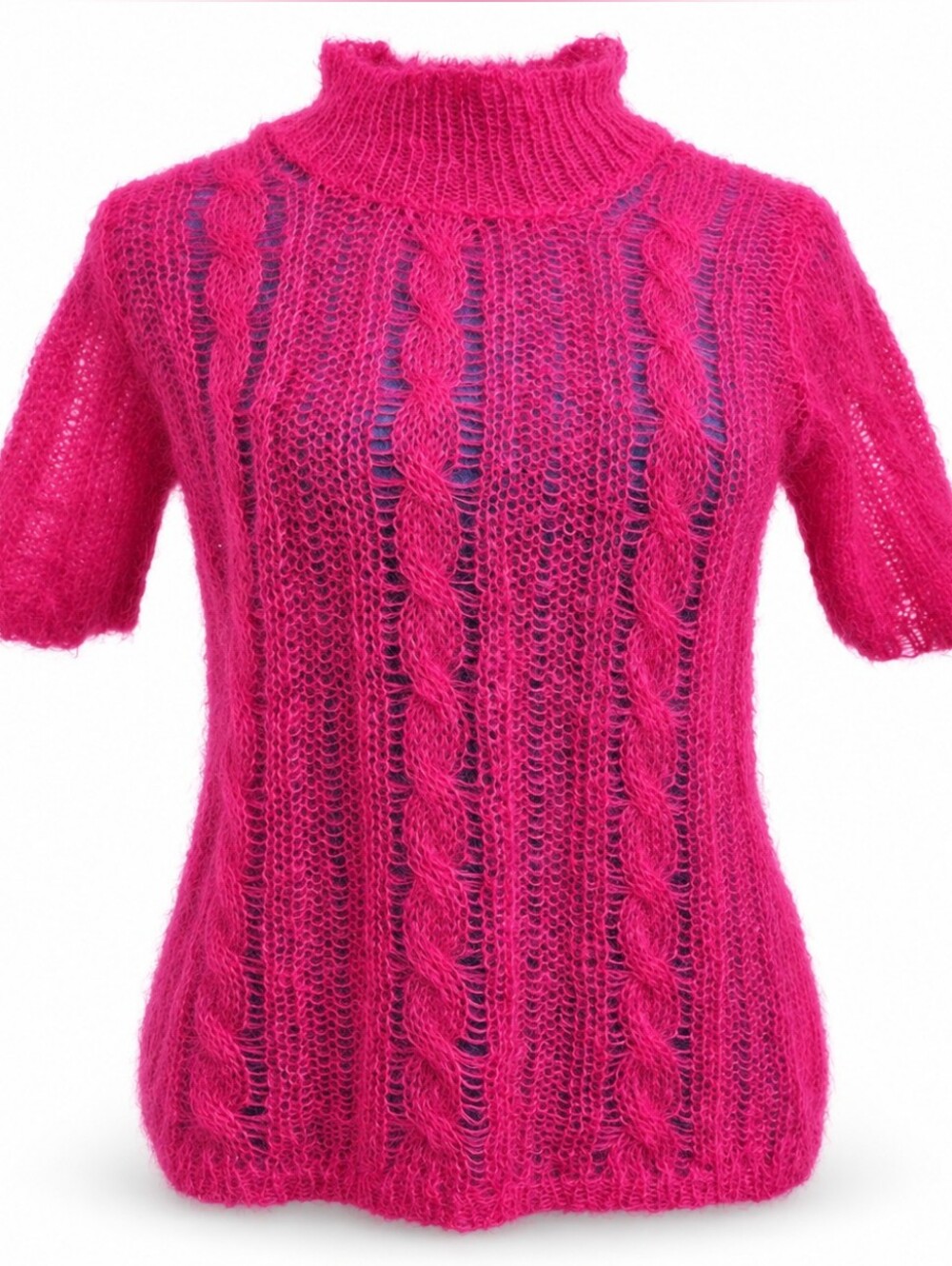 Anthropologie Hot Pink Mohair Cable Knit Mock Neck Sweater Top XS NWOT
